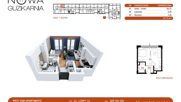 Rzut - Mieszkanie na sprzedaż 1 pokój o powierzchni 33,74 m² - numer B2.1.06 w Nowa Guzikarnia