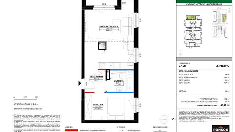 Rzut - Mieszkanie na sprzedaż 2 pokoje o powierzchni 43,42 m² - numer 3A_27 w Nowa Północ etap 2