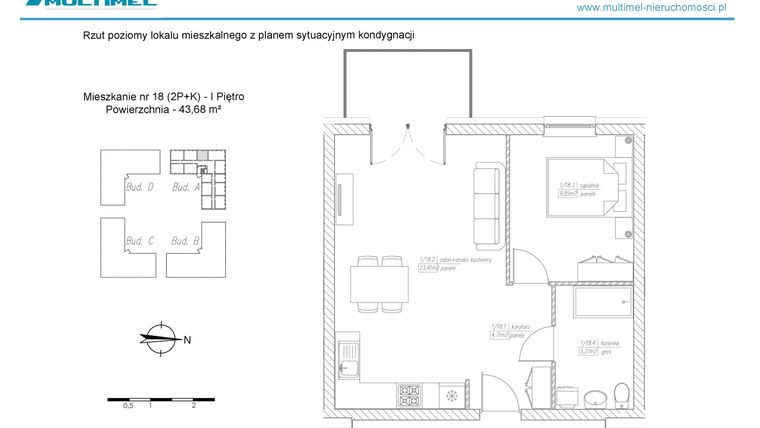 Rzut - Mieszkanie na sprzedaż 3 pokoje o powierzchni 43,68 m² - numer 18A w Dominów Rynek
