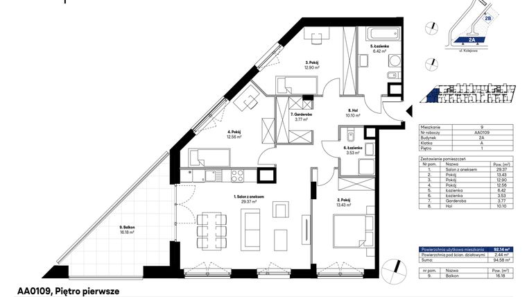 Rzut - Mieszkanie na sprzedaż 4 pokoje o powierzchni 92,53 m² - numer AA0109 w NU2 Warszawa Wola