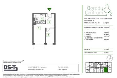 Rzut - Mieszkanie na sprzedaż 2 pokoje o powierzchni 36,23 m² - numer A.2.21 w Ogrody Centrum 2