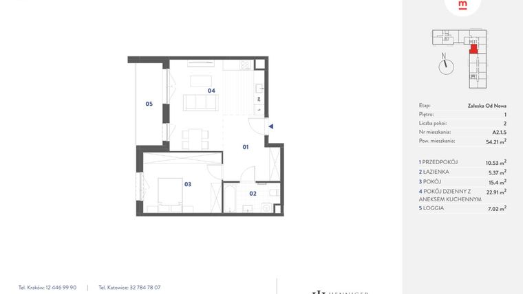 Rzut - Mieszkanie na sprzedaż 2 pokoje o powierzchni 54,21 m² - numer A2.1.5 w Mieszkaj w Mieście - Załęska od Nowa