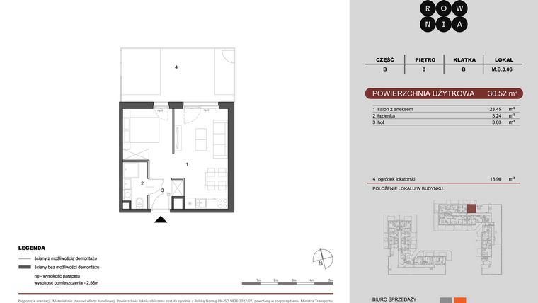 Rzut - Mieszkanie na sprzedaż 1 pokój o powierzchni 30,52 m² - numer M.B.0.006 w CUKROWNIA