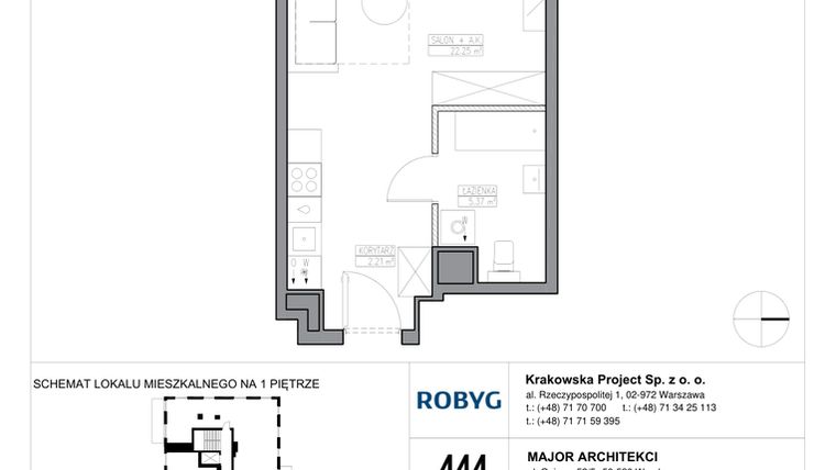 Rzut - Mieszkanie na sprzedaż 1 pokój o powierzchni 29,83 m² - numer KR6/A/1/5 w Apartamenty Krakowska etap VI