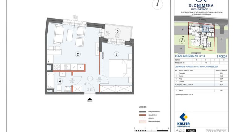 Rzut - Mieszkanie na sprzedaż 2 pokoje o powierzchni 38,44 m² - numer M13 w Słonimska Residence II