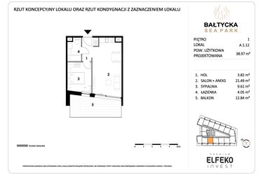 Rzut - Mieszkanie na sprzedaż 2 pokoje o powierzchni 38,97 m² - numer A.1.12 w Bałtycka Sea Park