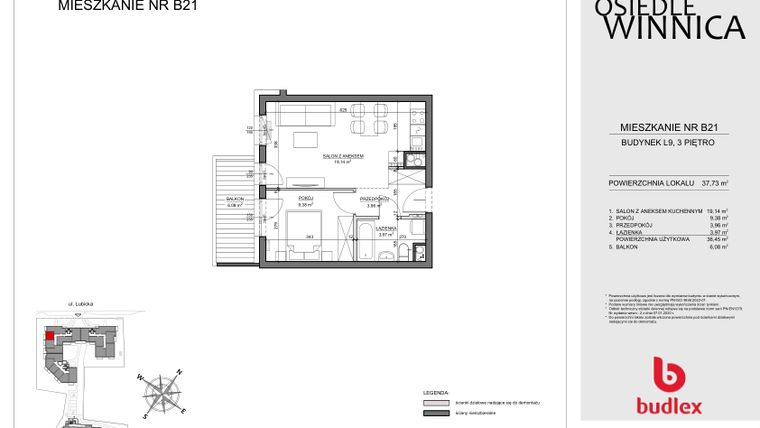 Rzut - Mieszkanie na sprzedaż 2 pokoje o powierzchni 37,73 m² - numer B21 w Osiedle Winnica L9