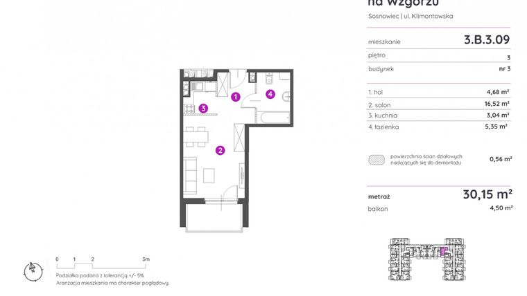 Rzut - Mieszkanie na sprzedaż 1 pokój o powierzchni 30,15 m² - numer 3.B.3.09 w Murapol Apartamenty na Wzgórzu