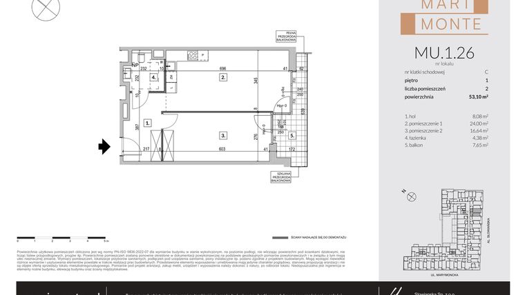 Rzut - Mieszkanie na sprzedaż 2 pokoje o powierzchni 53,1 m² - numer MU.1.26 w Marimonte - apartamenty inwestycyjne