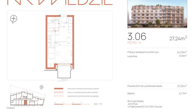 Rzut - Mieszkanie na sprzedaż 1 pokój o powierzchni 27,23 m² - numer 3.06 w Na Wildzie