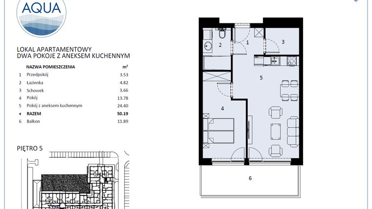 Rzut - Mieszkanie na sprzedaż 2 pokoje o powierzchni 48,84 m² - numer F501 w Polanki Aqua - budynek E i F