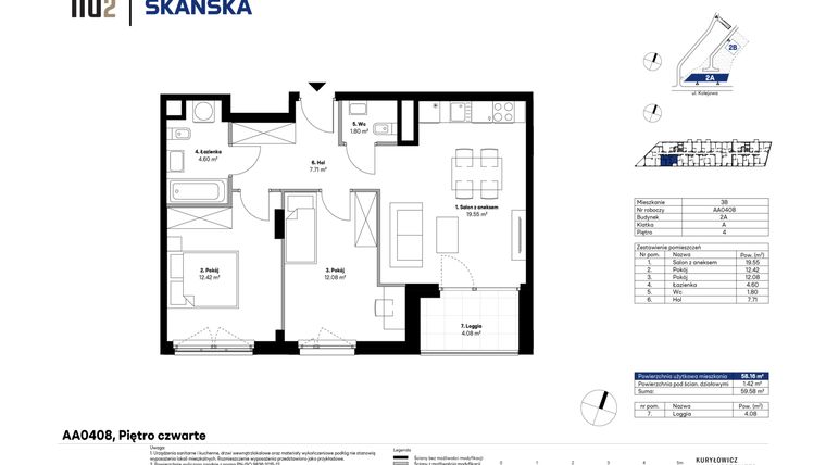 Rzut - Mieszkanie na sprzedaż 3 pokoje o powierzchni 57,86 m² - numer AA0408 w NU2 Warszawa Wola - apartamenty wykończone pod klucz