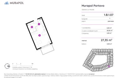 Rzut - Mieszkanie na sprzedaż 1 pokój o powierzchni 27,35 m² - numer 1.B.1.07 w Murapol Portovo etap II
