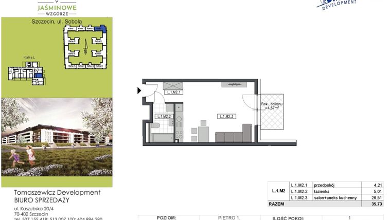Rzut - Mieszkanie na sprzedaż 1 pokój o powierzchni 35,73 m² - numer L1M2 w Jaśminowe Wzgórze - etap II