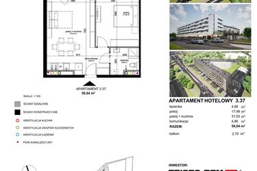 Rzut - Mieszkanie na sprzedaż 2 pokoje o powierzchni 59,07 m² - numer 3.37 w Apartamentowiec Zwycięska 3 - inwestycyjne
