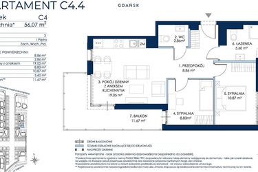 Rzut - Mieszkanie na sprzedaż 3 pokoje o powierzchni 56,82 m² - numer C4.4 w Sol Marina etap III