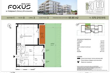 Rzut - Mieszkanie na sprzedaż 3 pokoje o powierzchni 65,85 m² - numer I.3 w Fokus Bielany