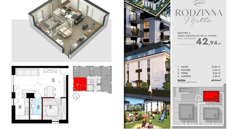 Rzut - Mieszkanie na sprzedaż 2 pokoje o powierzchni 42,94 m² - numer A1 w Rodzinna Malta