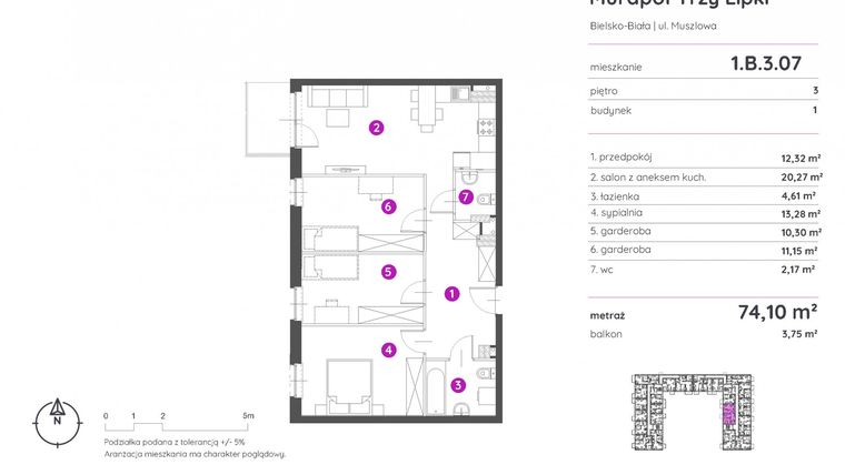 Rzut - Mieszkanie na sprzedaż 2 pokoje o powierzchni 74,1 m² - numer 1.B.3.07 w Murapol Trzy Lipki