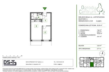 Rzut - Mieszkanie na sprzedaż 2 pokoje o powierzchni 36,3 m² - numer A.2.23 w Ogrody Centrum 2
