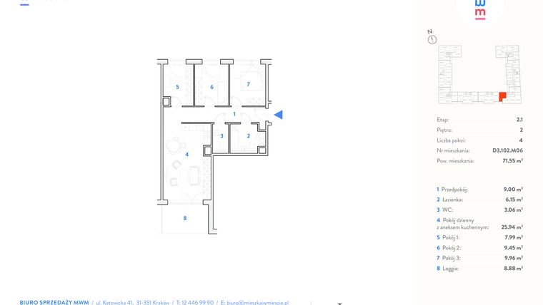 Rzut - Mieszkanie na sprzedaż 4 pokoje o powierzchni 72,02 m² - numer D3.102.M06 w Mieszkaj w mieście - etap Wizjonerów budynek D.