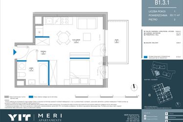 Rzut - Mieszkanie na sprzedaż 1 pokój o powierzchni 33,11 m² - numer B.1.3.1 w Meri Apartamenty