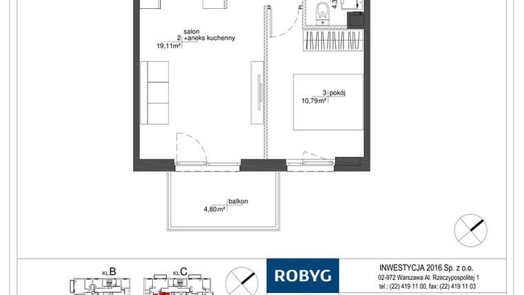 Rzut - Mieszkanie na sprzedaż 2 pokoje o powierzchni 38,89 m² - numer RM/2A/C/1/4 w Rytm Mokotowa - etap 2A