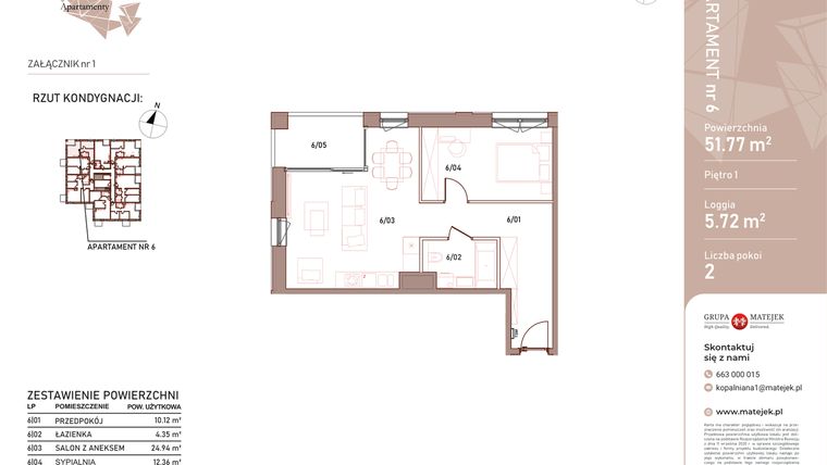Rzut - Mieszkanie na sprzedaż 2 pokoje o powierzchni 51,77 m² - numer 6 w Kopalniana