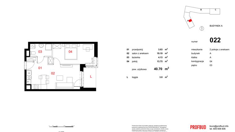 Rzut - Mieszkanie na sprzedaż 2 pokoje o powierzchni 40,74 m² - numer 022 w Osiedle Mocha Tower