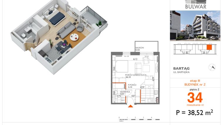 Rzut - Mieszkanie na sprzedaż 2 pokoje o powierzchni 38,52 m² - numer 34 w Bulwar bud. 2