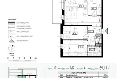 Rzut - Mieszkanie na sprzedaż 4 pokoje o powierzchni 69,11 m² - numer 2 w Kolarska Koncept