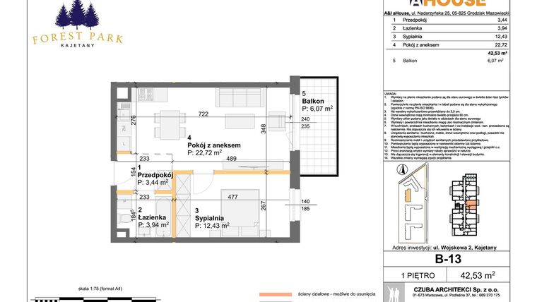 Rzut - Mieszkanie na sprzedaż 2 pokoje o powierzchni 42,53 m² - numer B-13 w Forest Park Kajetany