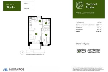 Rzut - Mieszkanie na sprzedaż 2 pokoje o powierzchni 37,49 m² - numer 1.A.1.03 w Murapol Prado