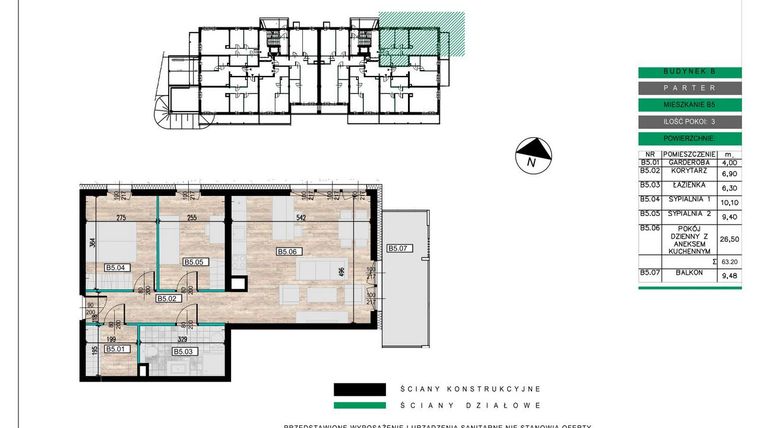 Rzut - Mieszkanie na sprzedaż 3 pokoje o powierzchni 63,15 m² - numer B05 w Lwowska 14