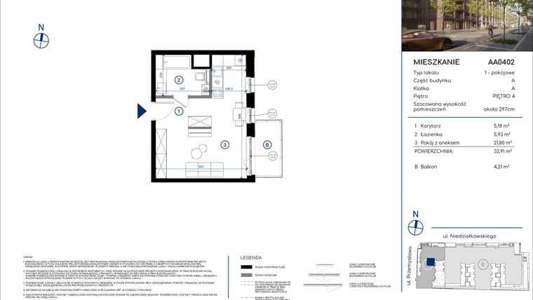 Rzut - Mieszkanie na sprzedaż 1 pokój o powierzchni 32,91 m² - numer AA0402 w Niedziałkowskiego Park