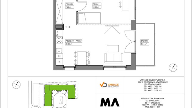 Rzut - Mieszkanie na sprzedaż 3 pokoje o powierzchni 59,61 m² - numer PT/A/1/5 w Przystanek Tarnogaj