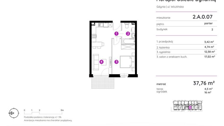 Rzut - Mieszkanie na sprzedaż 2 pokoje o powierzchni 37,76 m² - numer 2.A.0.07 w Murapol Osiedle Dynamiq