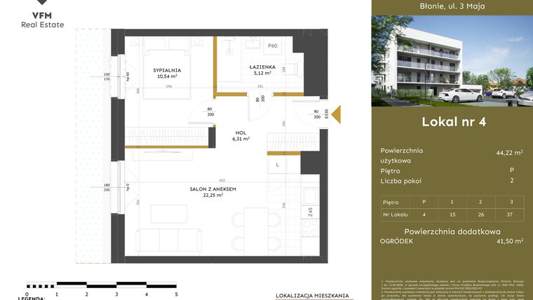 Rzut - Mieszkanie na sprzedaż 2 pokoje o powierzchni 44,22 m² - numer 4 w Apartamenty 3 Maja