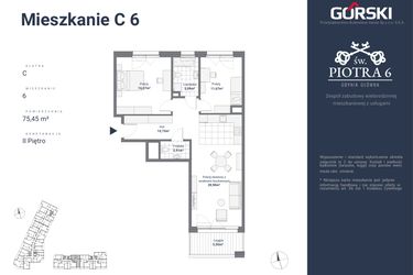 Rzut - Mieszkanie na sprzedaż 3 pokoje o powierzchni 75,45 m² - numer C6 w Św. Piotra