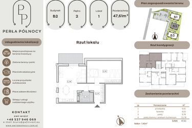 Rzut - Mieszkanie na sprzedaż 2 pokoje o powierzchni 47,61 m² - numer B2.2_1 w Perła Północy etap 2