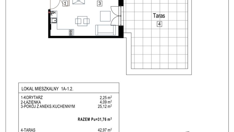 Rzut - Mieszkanie na sprzedaż 1 pokój o powierzchni 31,76 m² - numer 1A-1.2 w Gardenia Pogodno