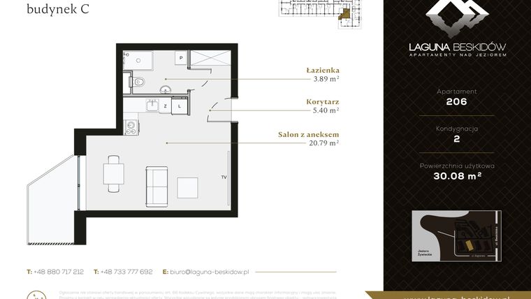 Rzut - Mieszkanie na sprzedaż 1 pokój o powierzchni 30,08 m² - numer C.206 w Laguna Beskidów