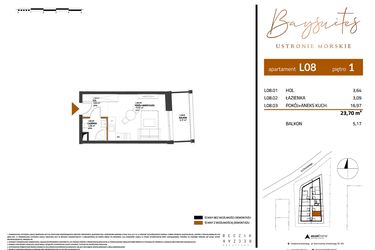 Rzut - Mieszkanie na sprzedaż 1 pokój o powierzchni 23,7 m² - numer AP.1.08 w Baysuites