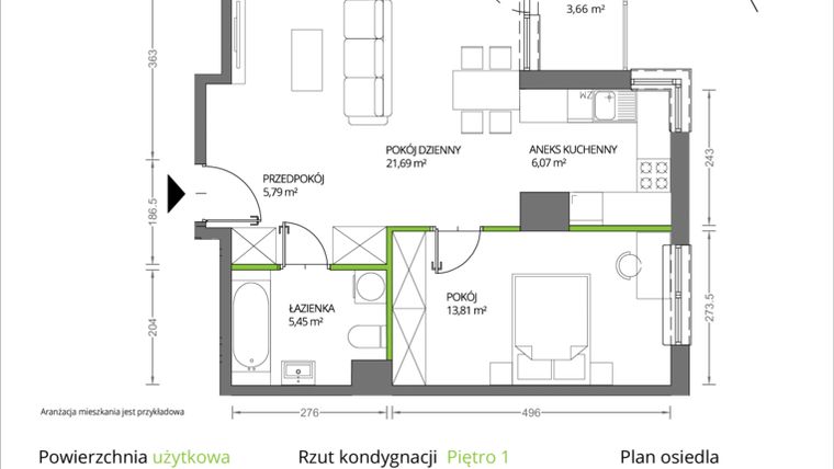 Rzut - Mieszkanie na sprzedaż 2 pokoje o powierzchni 53,26 m² - numer 1/002 w Krakowska Vita