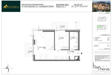Rzut - Mieszkanie na sprzedaż 2 pokoje o powierzchni 40,4 m² - numer B1.5 w Rezydencja Chłabówka