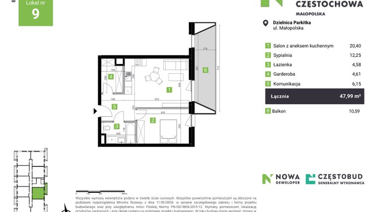 Rzut - Mieszkanie na sprzedaż 2 pokoje o powierzchni 47,99 m² - numer B9 w Nowa Częstochowa Małopolska