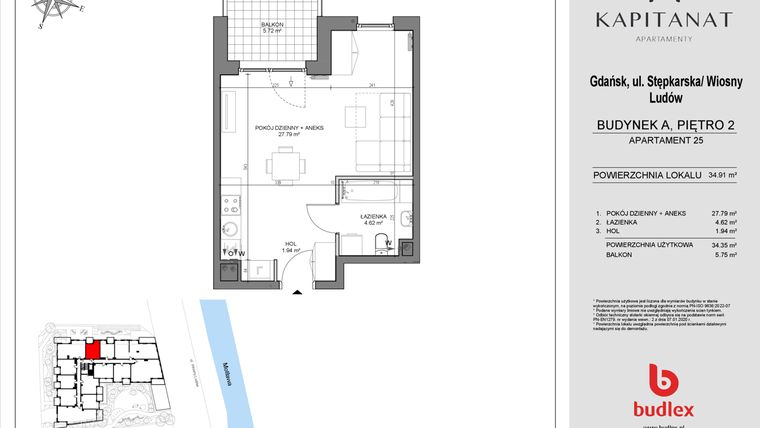 Rzut - Mieszkanie na sprzedaż 1 pokój o powierzchni 34,35 m² - numer A25 w Kapitanat A