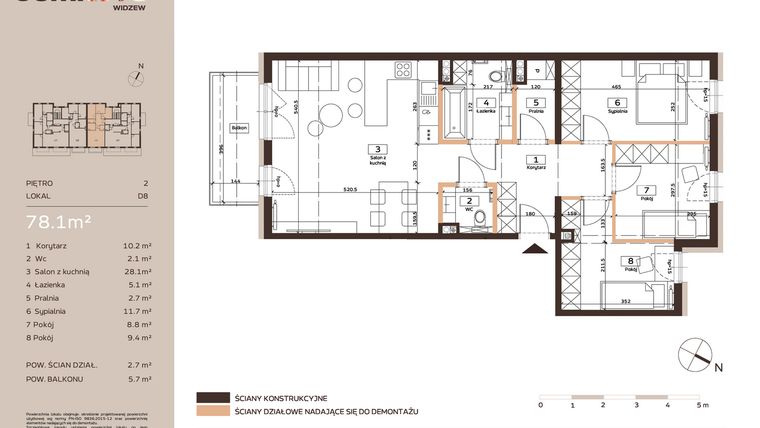 Rzut - Mieszkanie na sprzedaż 4 pokoje o powierzchni 78,1 m² - numer D8 w Domkove Widzew
