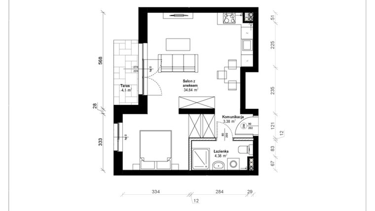 Rzut - Mieszkanie na sprzedaż 1 pokój o powierzchni 43,04 m² - numer B.0.02.1a w ATRIUM