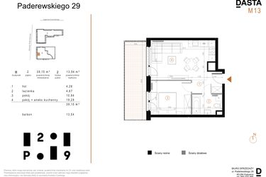 Rzut - Mieszkanie na sprzedaż 2 pokoje o powierzchni 39,15 m² - numer B13 w Paderewskiego 29